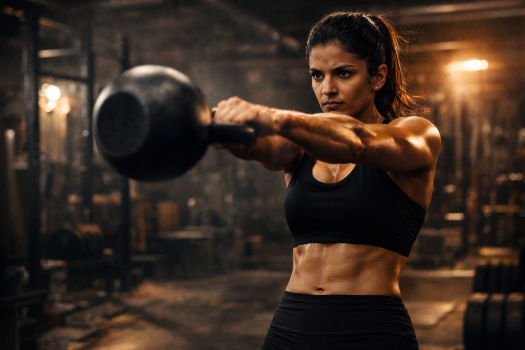 Kettlebell swing exercise demonstrating fat loss and full body conditioning in a gym setting