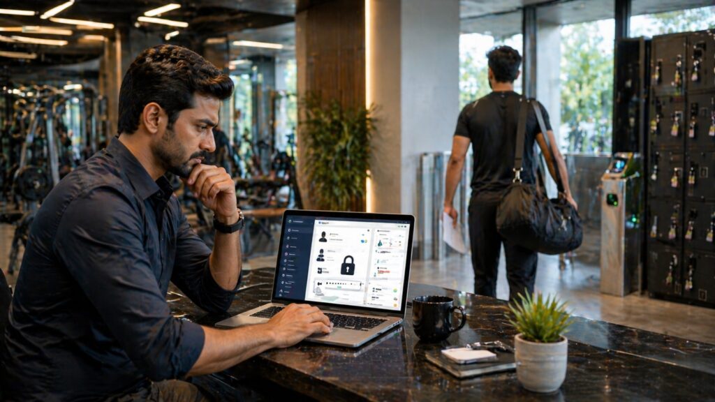 Gym owner updating admin access on a laptop while a staff member leaves the gym after resignation.