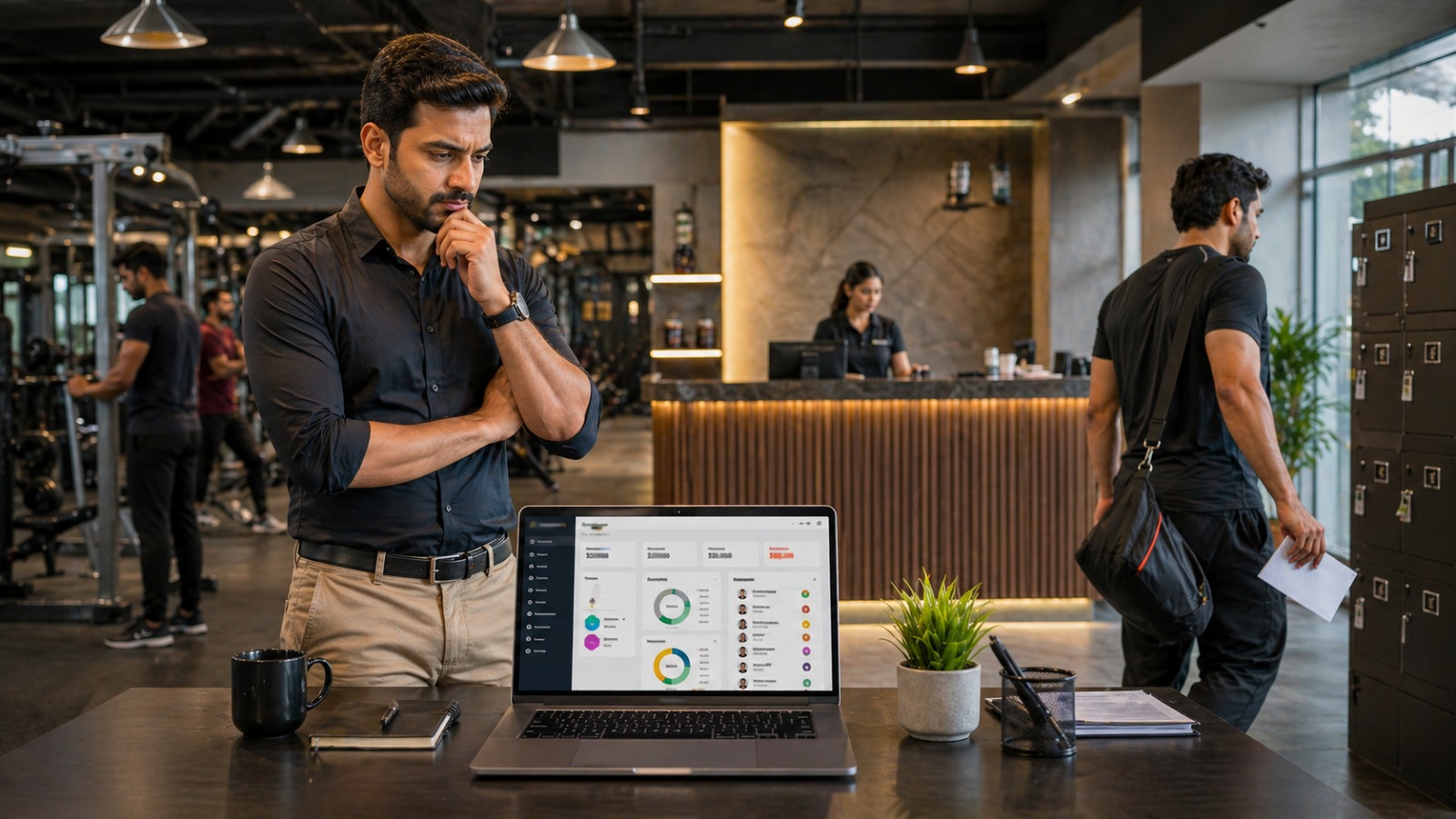 Gym owner receiving a resignation letter from a trainer at the reception desk while reviewing gym management operations on a laptop in a modern fitness center.