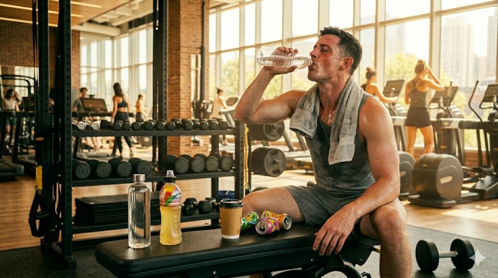 Dehydrated gym member ignoring thirst during an intense summer workout