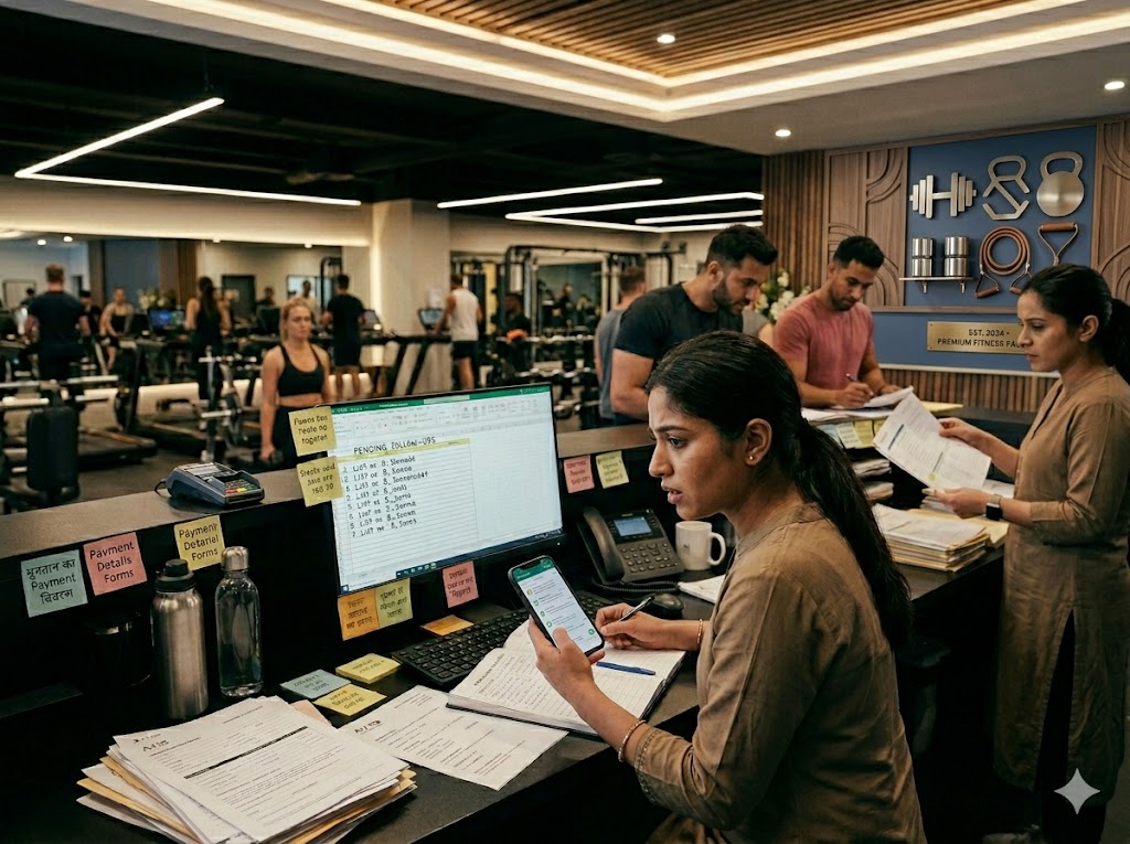 Gym owner managing multiple member follow-ups manually from a back-office workspace while a busy gym operates in the background during evening hours.