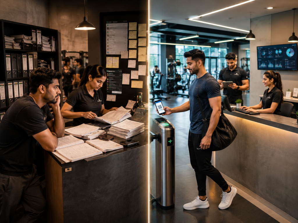 Split-screen gym reception showing slow manual membership verification on one side and smooth QR-based digital gym check-in on the other, highlighting changing member expectations for faster gym operations