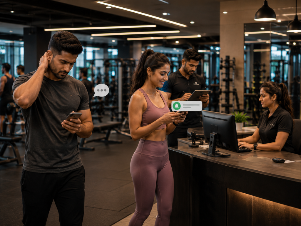 Gym members inside a modern fitness center comparing delayed WhatsApp communication with smooth instant digital updates and app-based gym interactions