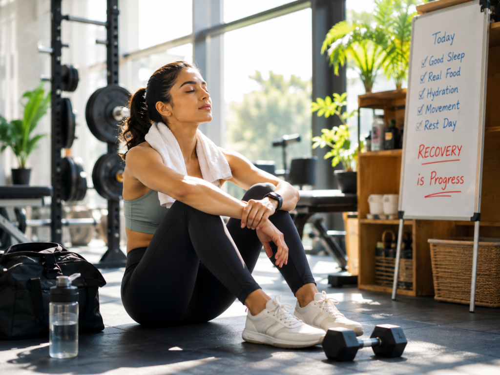 Calm gym member sitting peacefully after workout in a bright modern gym while focusing on recovery and rest, representing a healthier and more sustainable relationship with fitness.