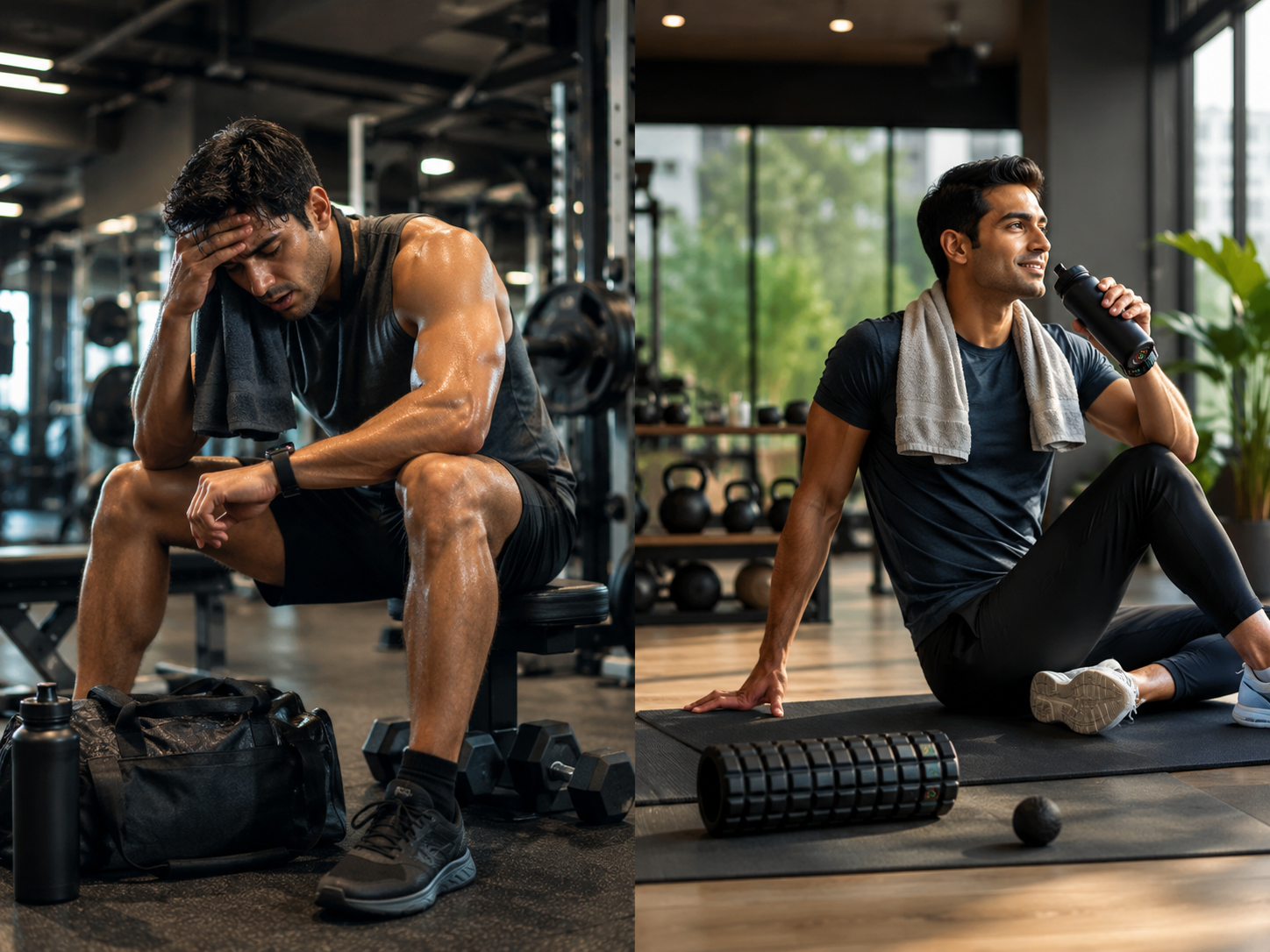 Exhausted gym member forcing through workout while checking recovery metrics beside a calm member focusing on stretching and recovery inside a modern gym, highlighting the growing importance of rest days in modern fitness.