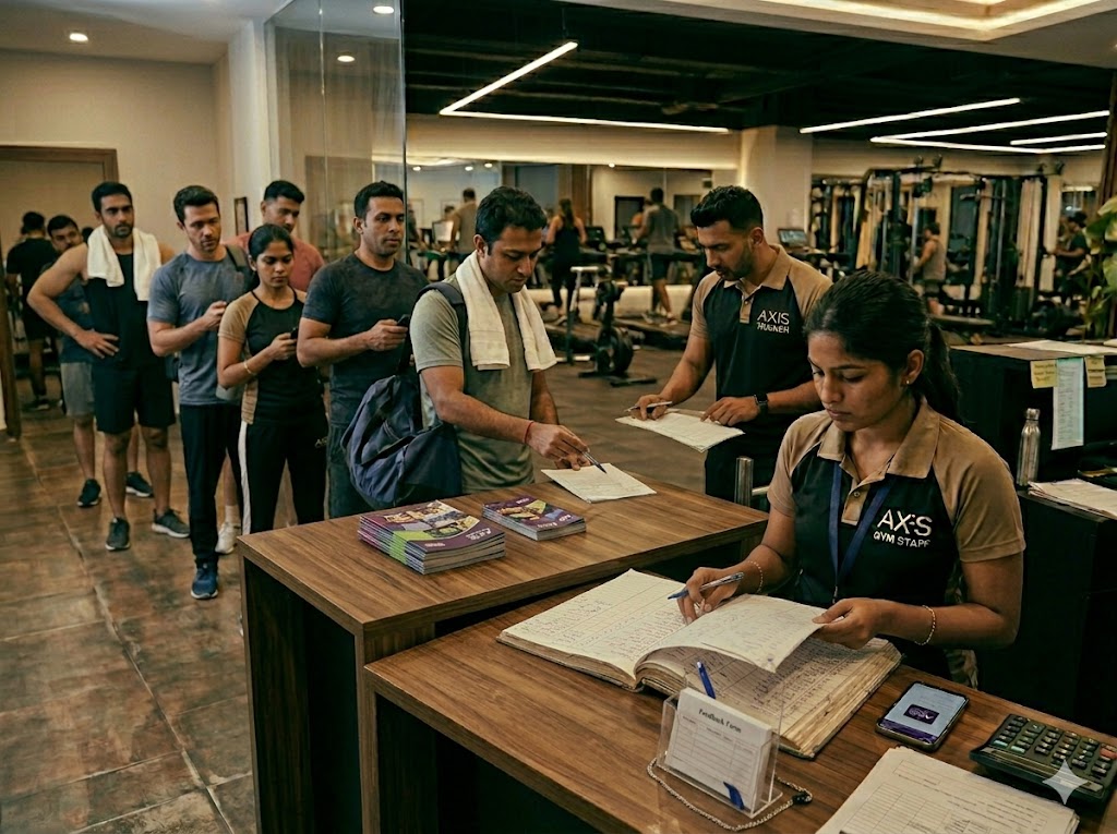 Gym staff manually tracking member attendance during crowded evening hours inside a growing Indian gym.