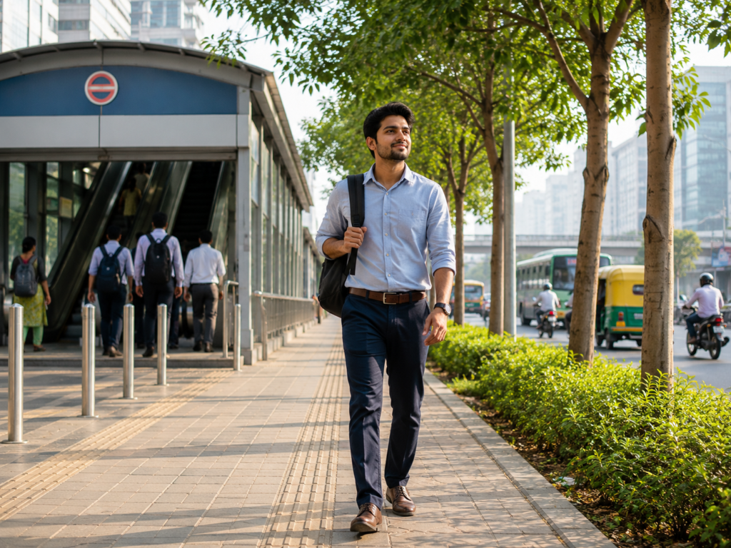 Indian office professional walking from a metro station to work on a tree-lined pathway, showing how daily movement supports sustainable weight loss and long-term health.
