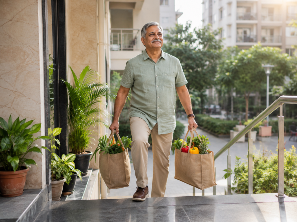 Older Indian man carrying grocery bags upstairs with ease, showing how strength training supports everyday life and healthy aging.