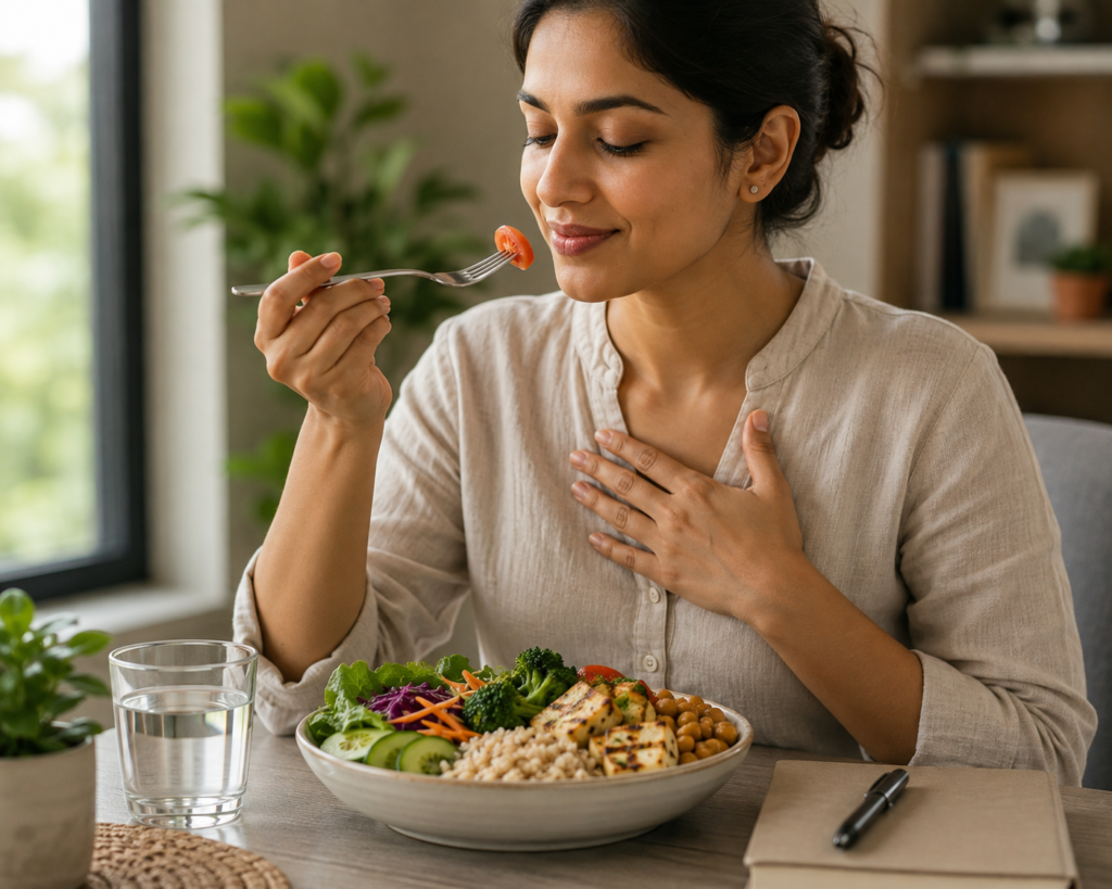 Woman eating a balanced meal mindfully at home, focusing on her food without distractions.