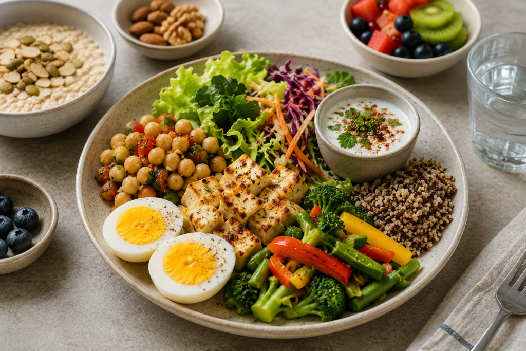 Balanced protein-rich meal with eggs, paneer, chickpeas, Greek yogurt, vegetables, and whole grains.