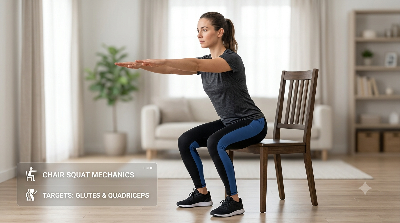 Woman demonstrating correct bodyweight chair squat form in a living room, holding arms extended forward with hips hinged toward a wooden chair.