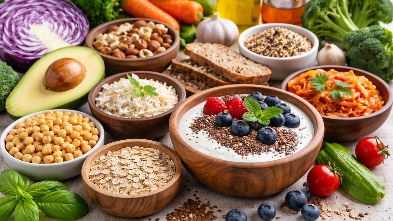 Best foods for gut health, including yogurt, oats, lentils, fruits, vegetables, nuts, and seeds.